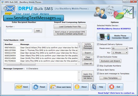 BlackBerry SMS Application screen shot