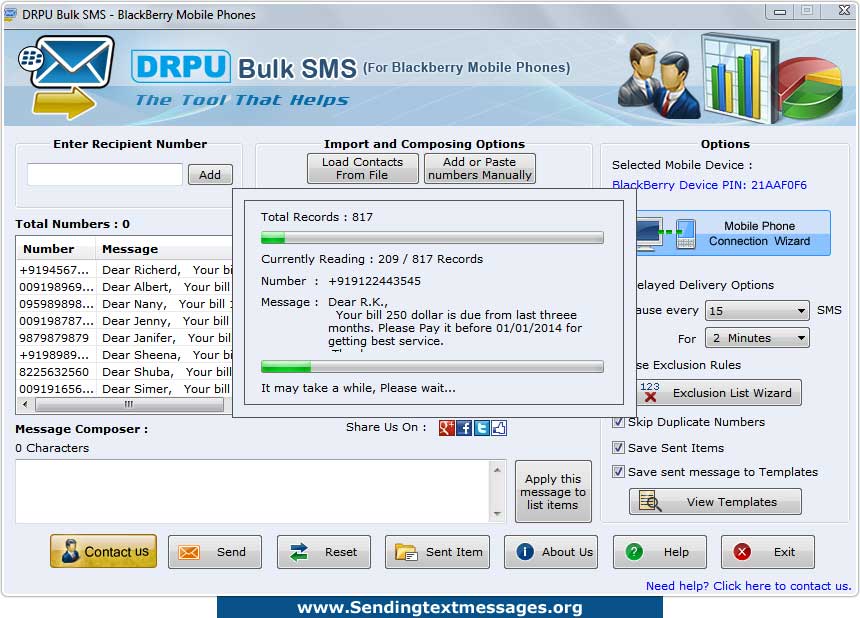 Blackberry Bulk Text Messaging Software screenshot Blackberry Bulk Text Messaging Software screenshot