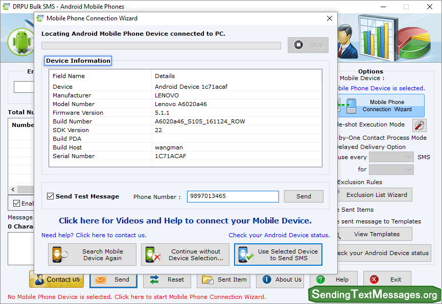 Bulk SMS Android Mobile Phone Connection Wizard