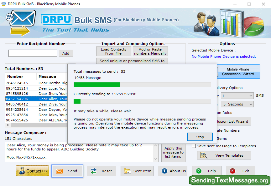 Bulk SMS BlackBerry Current Status of Messages Sending Process