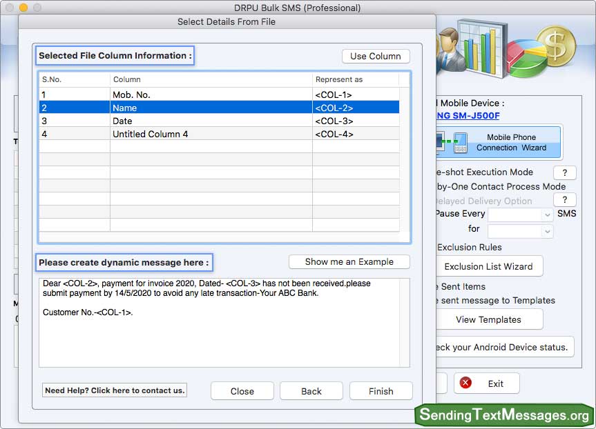 Selected File Column Information